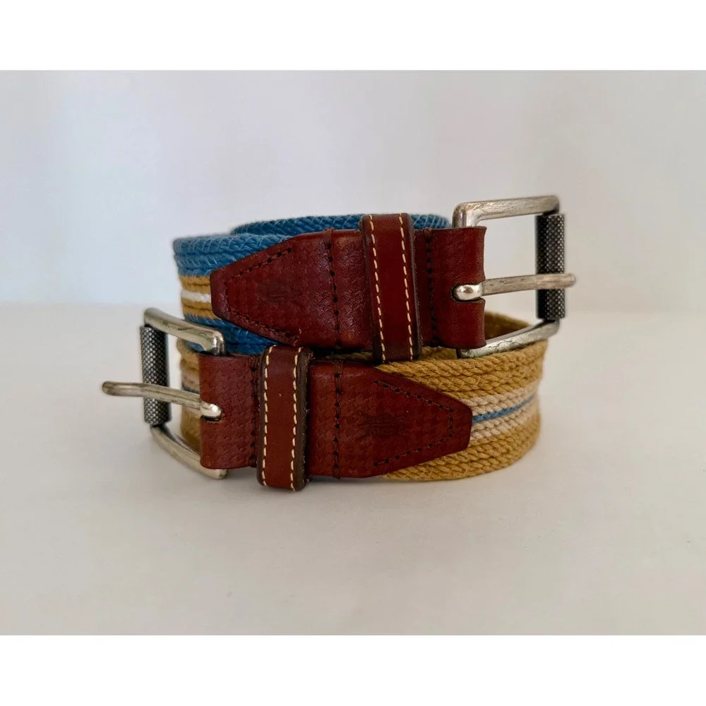 Martin Dingman Old Money Sz 35 Preppy Woven Canvas & Italian Leather Belt Blue